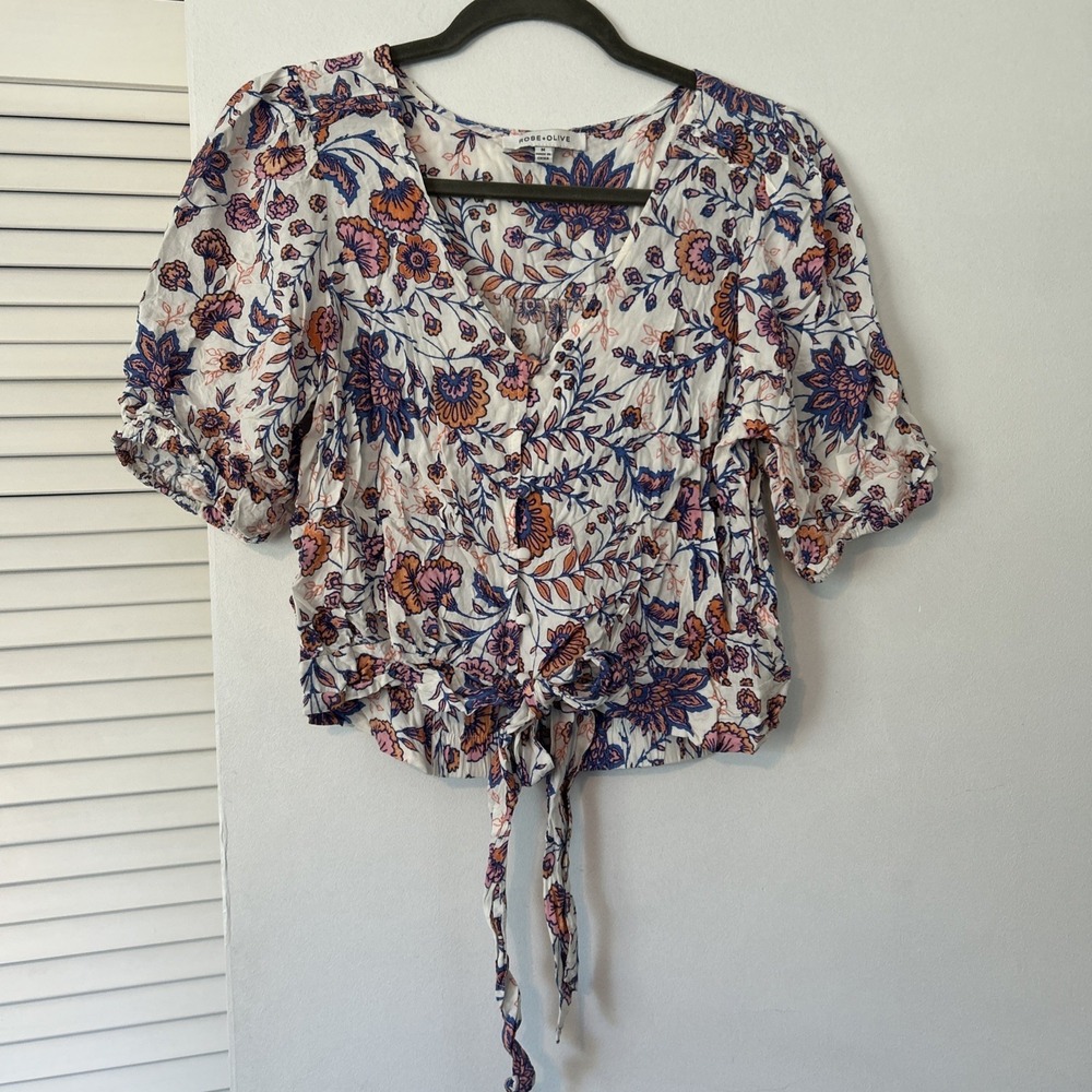 Rose + Olive Womens Floral Tie Front Button Up Crop Blouse Blue Coral Medium